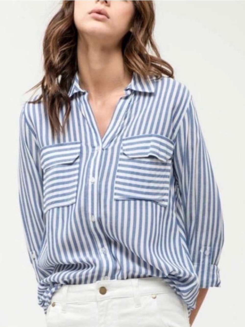 Blue and White Vertical Stripe Button-Up Blouse
